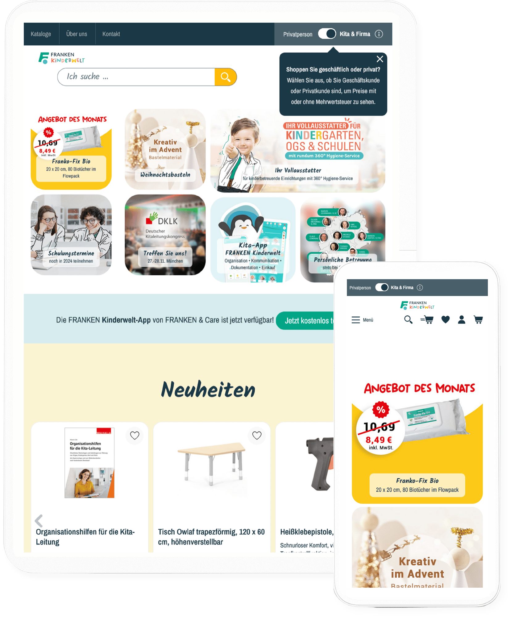 Franken Kinderwelt Online-Shop für Kindergarten- und Schulbedarf – ansprechendes Layout und Nutzerführung für Geschäftskunden und Privatpersonen, mit mobilen und Desktop-Ansichten
