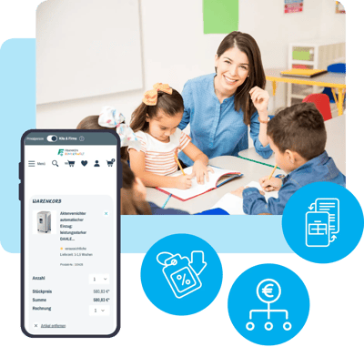 Optische Darstellung des Funktionsumfang der bei Franken-Kinderwelt umgesetzt wurde. Im Hintergrund ist eine Frau zu sehen, die mit Kindern an einem Tisch sitzt.