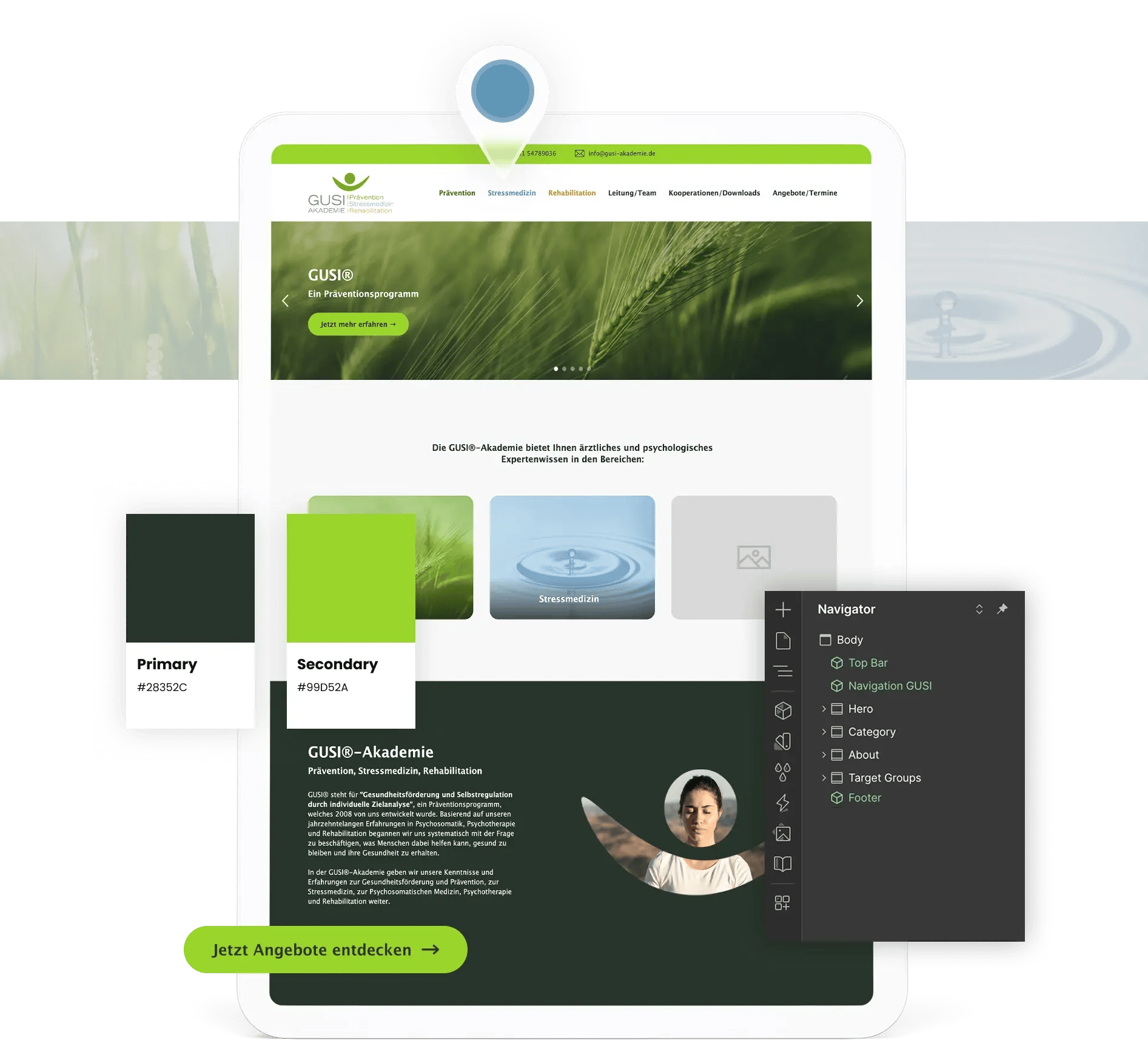 Visualisierung des Figma Workflows zum Re-Designs der Website von GUSI-Akademie