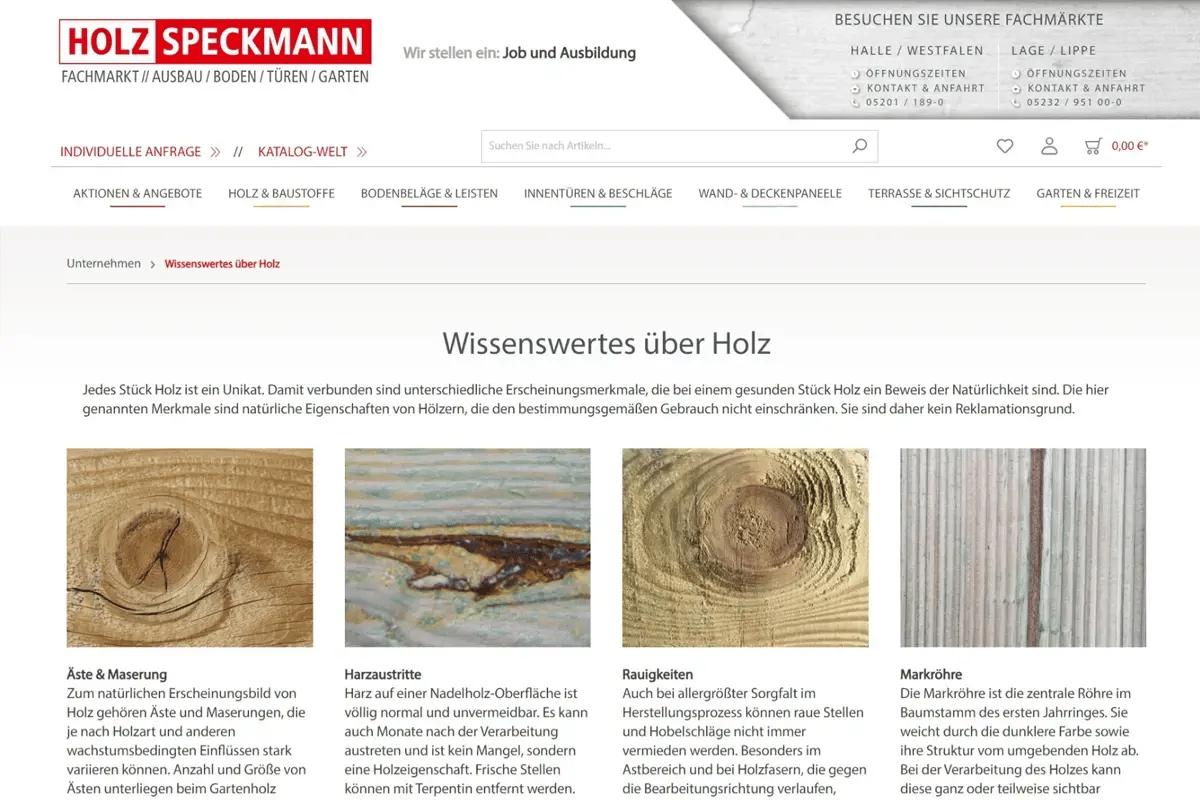 Screenshot einer Landingpage im Onlineshop von Holz Speckmann
