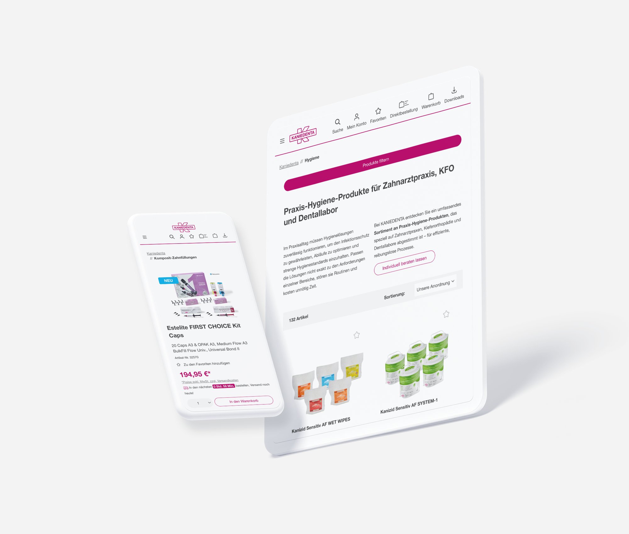 Übersicht des Webdesigns von der Artikelübersichtsseite und Product Detail Page des Kaniedenta Onlineshops