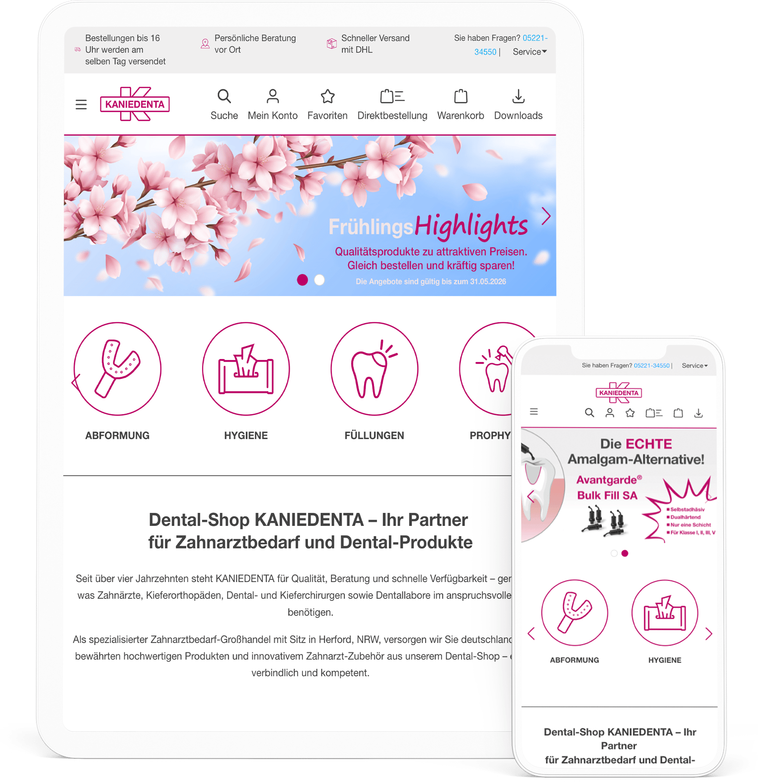 Responsive Darstellung des Kaniedenta E-Commerce auf einem Smartphone und Tablet