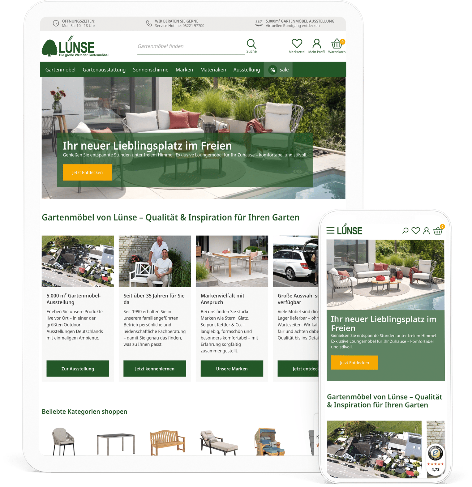 Responsive Darstellung des Lünse Onlineshops auf einem IPad und IPhone
