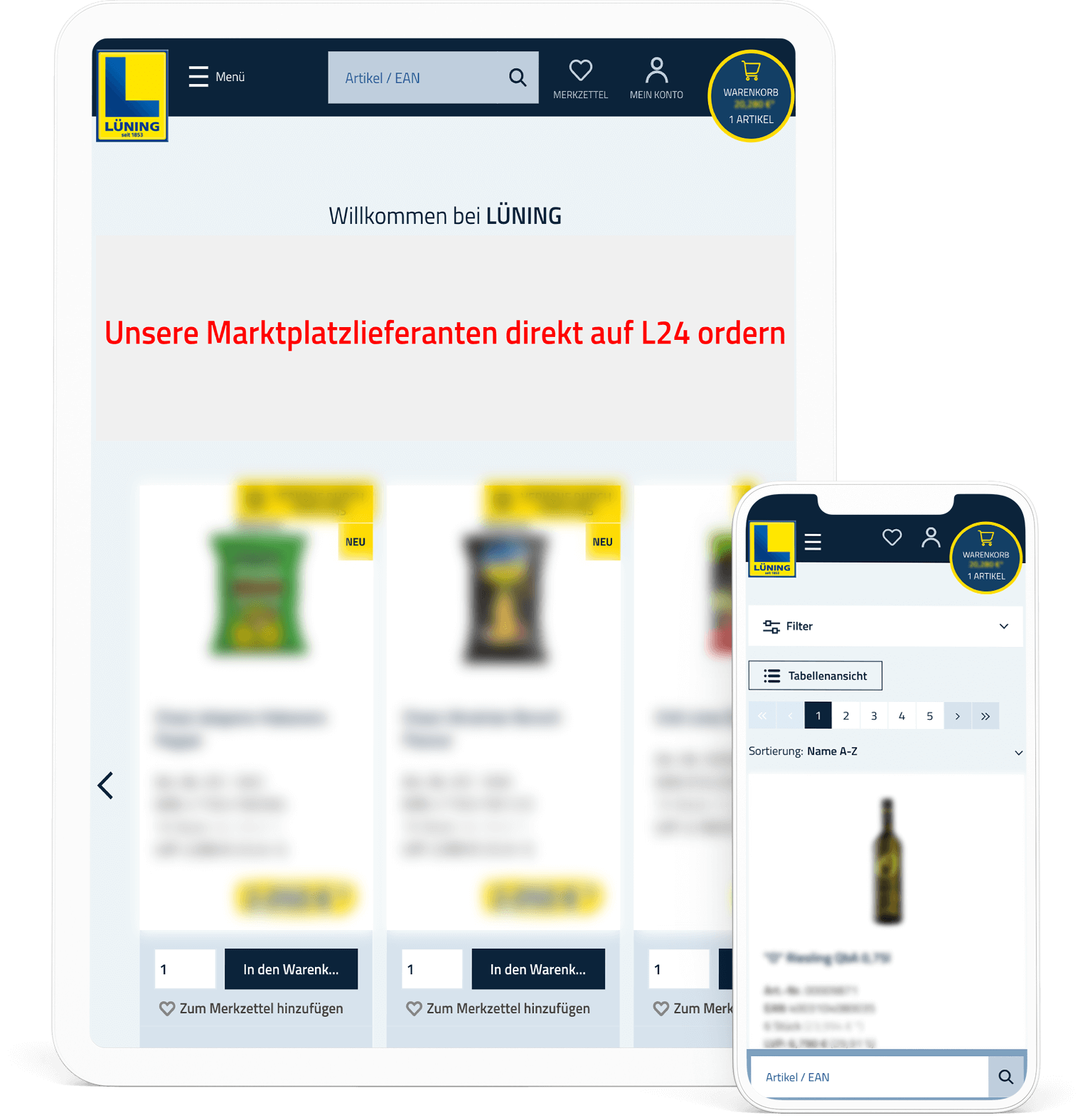 Lüning24 Marktplatz-Plattform mit benutzerfreundlichem Design für den B2B-Bereich – einfache Navigation und Produktbestellung über mobile und Desktop-Versionen der Website