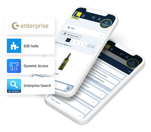 Screenshot des Lüning Onlineshop auf einem Handy. Auf der Linken Seite sind einzelne Shopware Funktionen abgebildet.