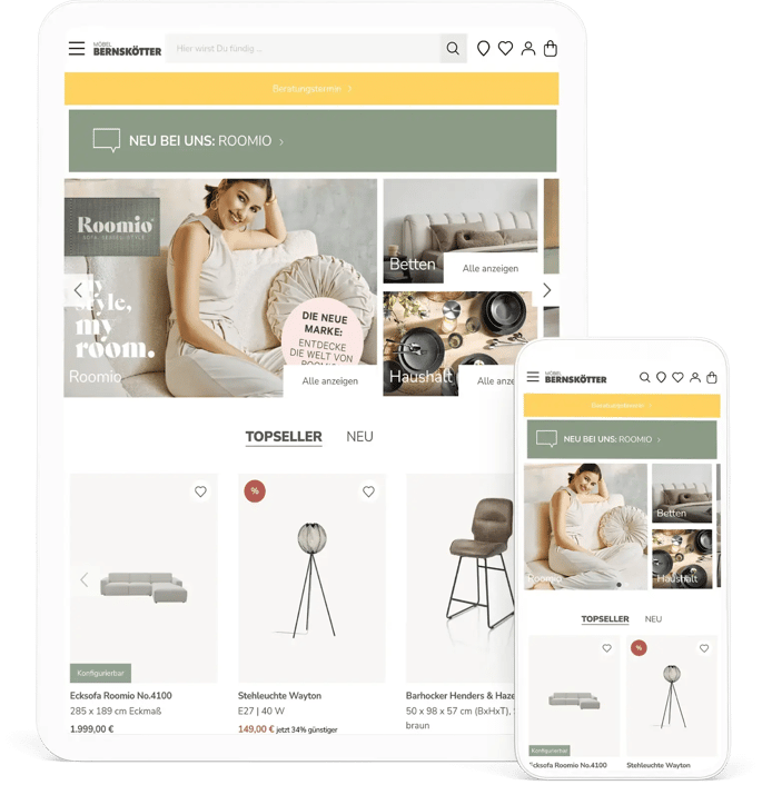 Screenshot des Shopware 6 Onlineshop Möbel Bernskötter auf mobil und tablet