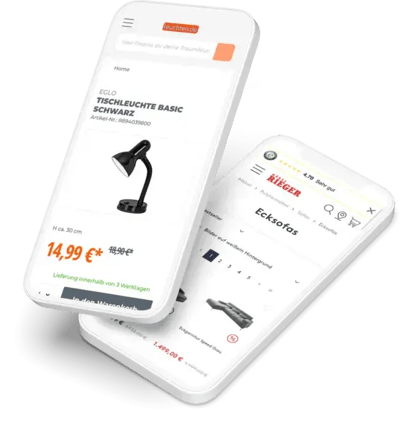 Screenshot einer Produktdetailseite von einer Lampe auf einem Handy und ein weiterer Screenshot auf einem Handy von einer Kategorieseite