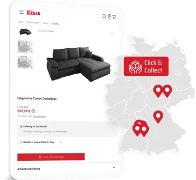 Links ist ein Screenshot einer Produktdetailseite von Möbel Rieger zu sehen und rechts ist eine Karte von Deutschland zu sehen