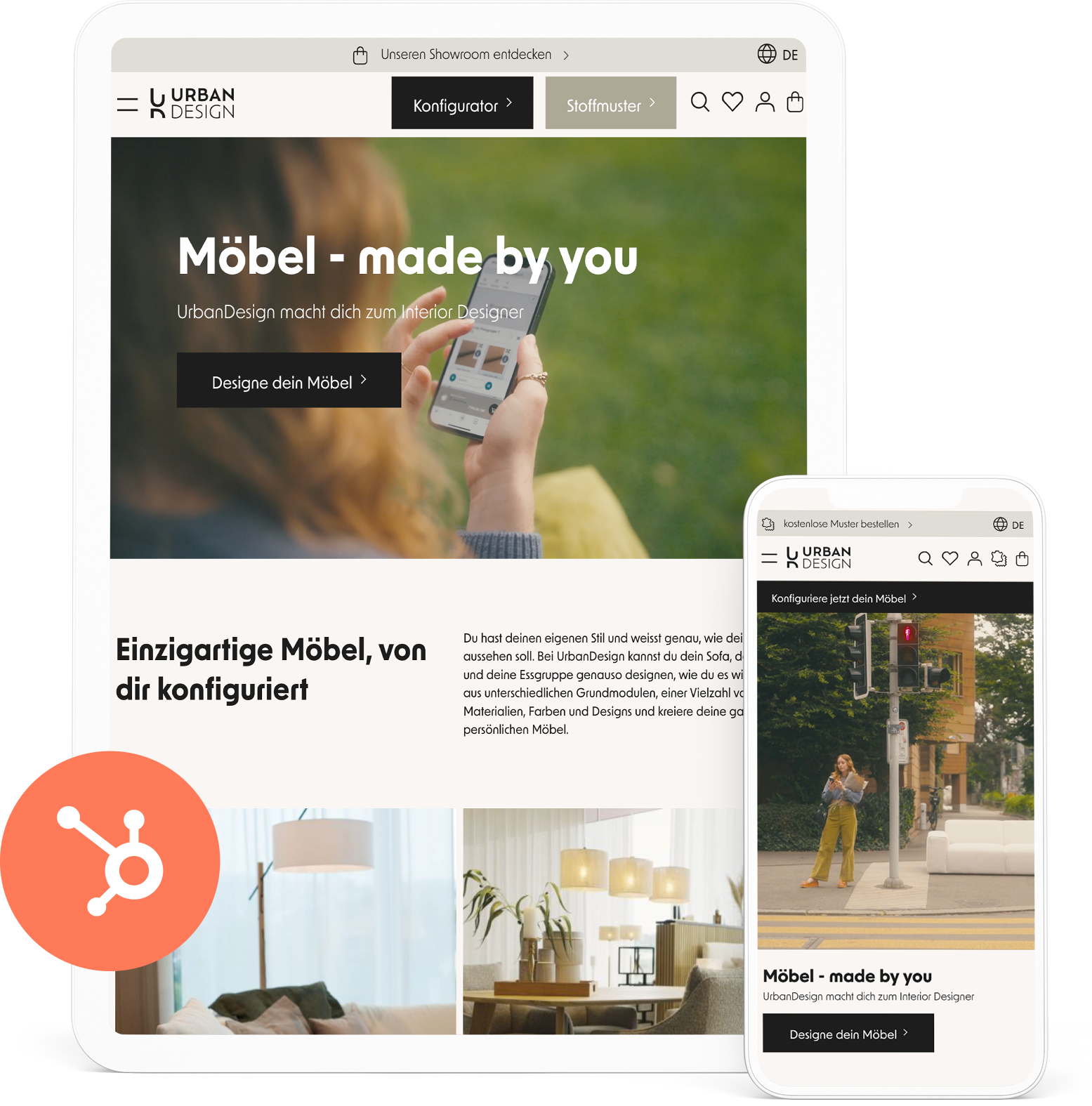 Startbildschirme der UrbanDesign Webseite auf einem IPad und Iphone