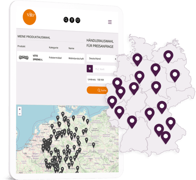 Mit einer Übersichtskarte für ganz Deutschland lassen sich Händler der vito Möbelmarke leicht finden.