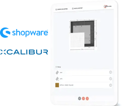 Auf dem Bild ist links das Logo von dem Möbelkonfigurator XcalibuR und Shopware abgebildet. Rechts ist ein Screenshot aus dem XcalibuR Konfigurator zu sehen.