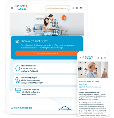 Screenshot des Klima24 Onlineshop auf einem Tablet und Mobil