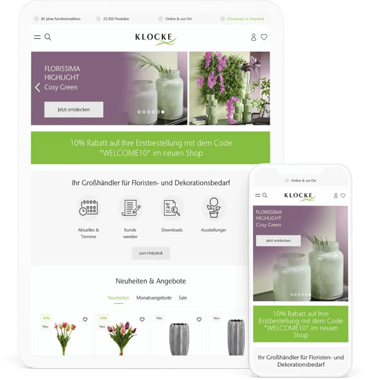 Screenshot des Klocke Onlineshops für die Ansichten Tablet und Mobil.