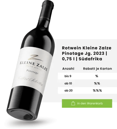 Auf dem Bild ist auf der linken Seite eine Weinflasche zu sehen. Im rechten Bereich sind die Rabattlogiken zu dieser Flasche aufgeführt.