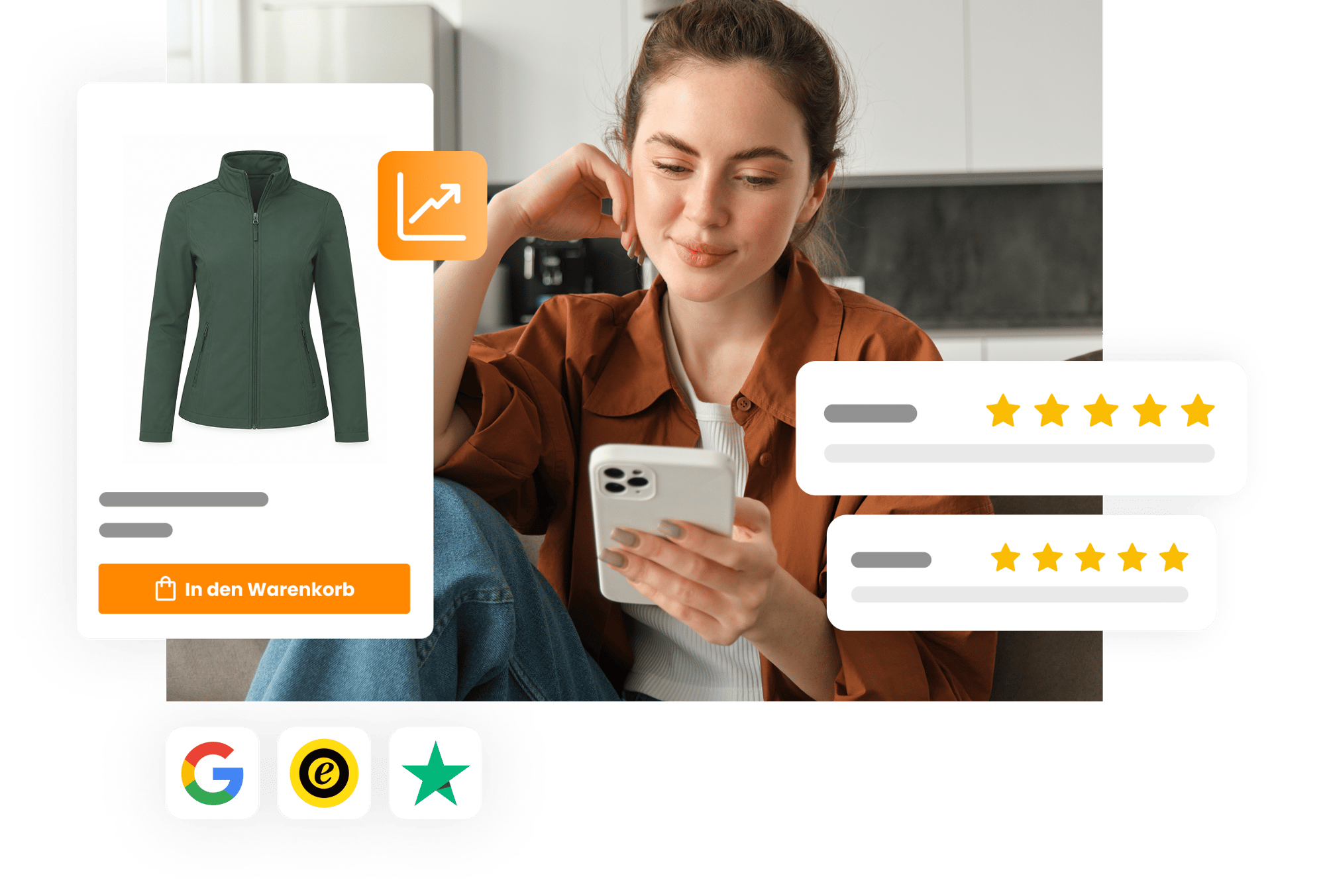 Abbildung eines Artikels mit verschiedenen Kundenbewertungen aus Google, Trusted Shops und Trustpilot. Abbildung eines Artikels mit verschiedenen Kundenbewertungen aus Google, Trusted Shops und Trustpilot.