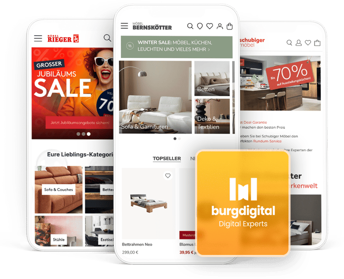 Mit burgdigital als Digitalagentur können Sie erfolgreiche Onlineshops mit Shopsystem, zielführenden UX-Design und reichweitenstärkenden SEO im Möbelhandel aufbauen