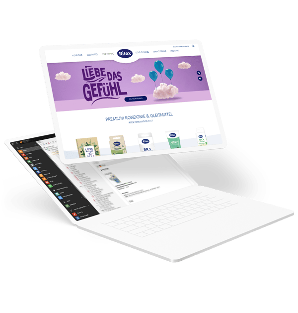 Laptop mit TYPO3-Backend und geöffneter Website im Frontend, Beispiel für Performance- und SEO-Optimierung