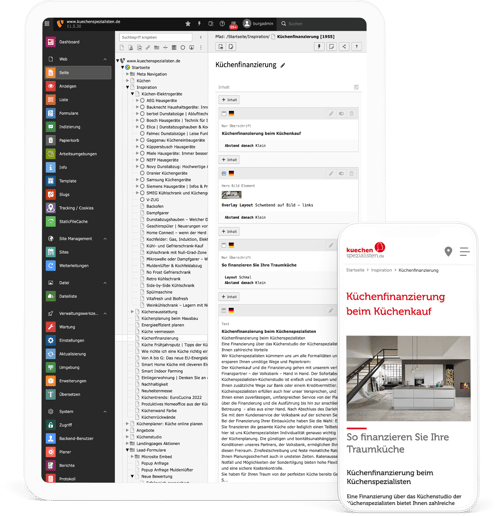 Tablet- und Smartphone-Ansicht einer mit TYPO3 entwickelten Website, dargestellt mit Backend- und Frontend-Ansicht