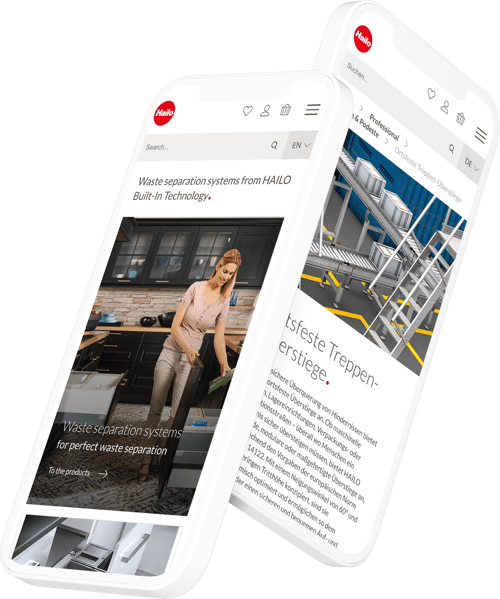 Zwei Smartphone-Ansichten einer mit TYPO3 umgesetzten Website, optimiert für unterschiedliche Bildschirmgrößen und Geräte