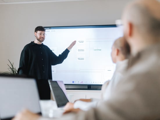 Veranschaulichung von Gründen für das Scheitern einer CRM-Einführung an einem Smartboard
