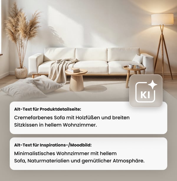 Beispielgrafik zeigt unterschiedliche Alt-Texte für ein Sofa je nach Nutzungskontext.