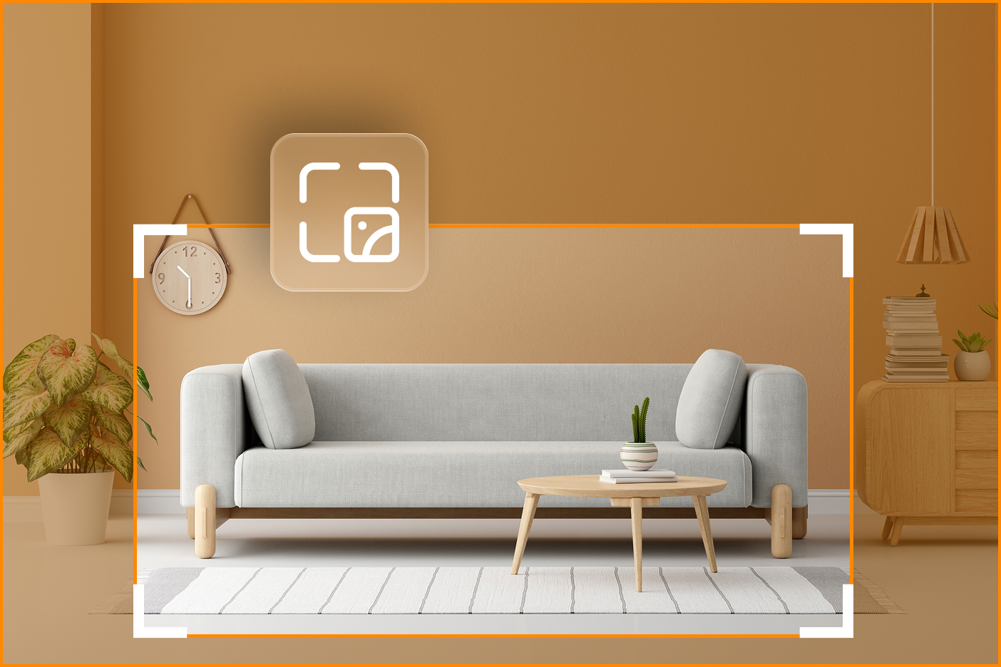 Auf dem Bild ist ein Wohnzimmer zu sehen. In der Mitte des Bildes steht ein graues Sofa und ein Couchtisch davor. Für dieses Sofa wird gerade ein Bildausschnitt gewählt.