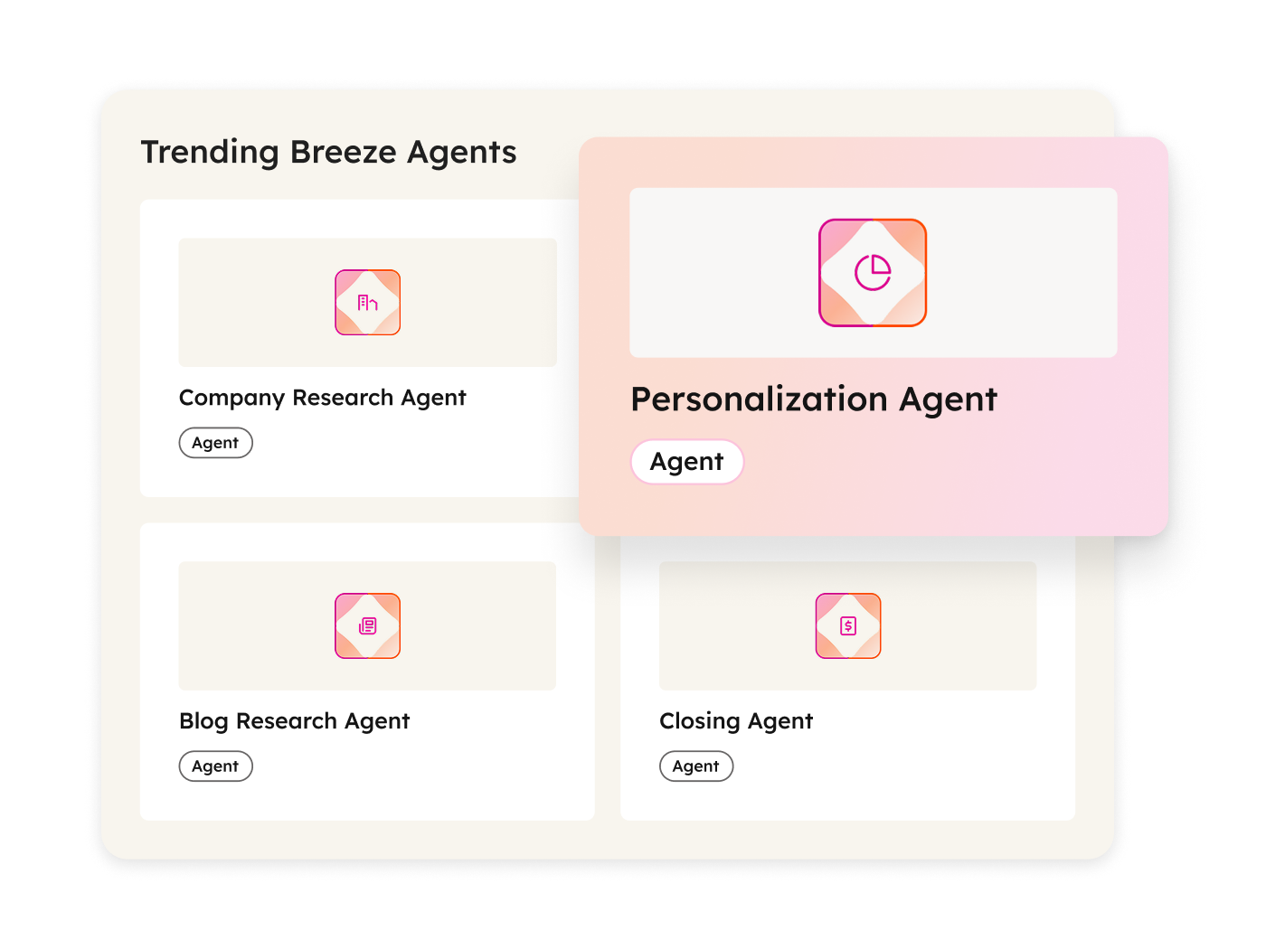 Screenshot des Breeze Studio Dashboards in HubSpot mit verschiedenen KI-Agents wie Personalization Agent, Company Research Agent und Blog Research Agent