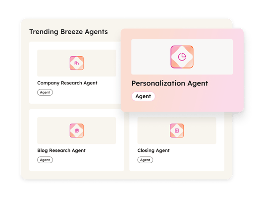 Screenshot des Breeze Studio Dashboards in HubSpot mit verschiedenen KI-Agents wie Personalization Agent, Company Research Agent und Blog Research Agent