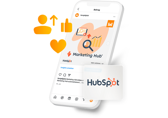 Auf dem Bild soll ein Social Media Beitrag von einem HubSpot Thema dargestellt werden