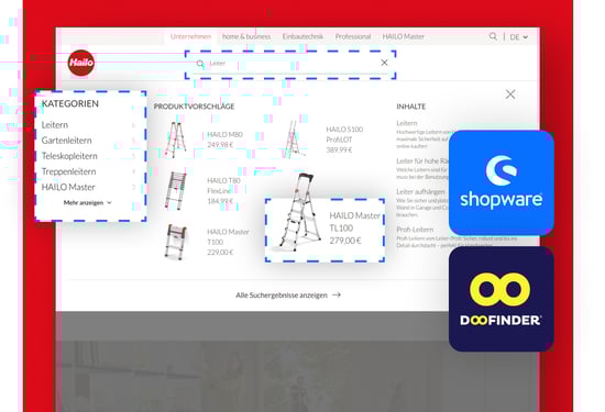 Der Screenshot zeigt die Produktsuche eines Shopware-Onlineshops, welches mit Doofinder umgesetzt wurde.