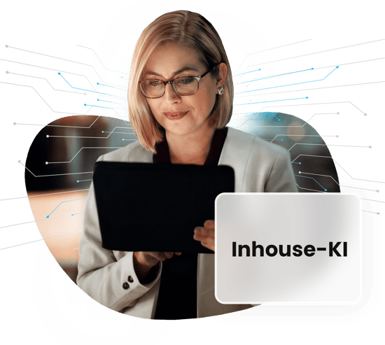 The image shows a woman looking at a tablet.