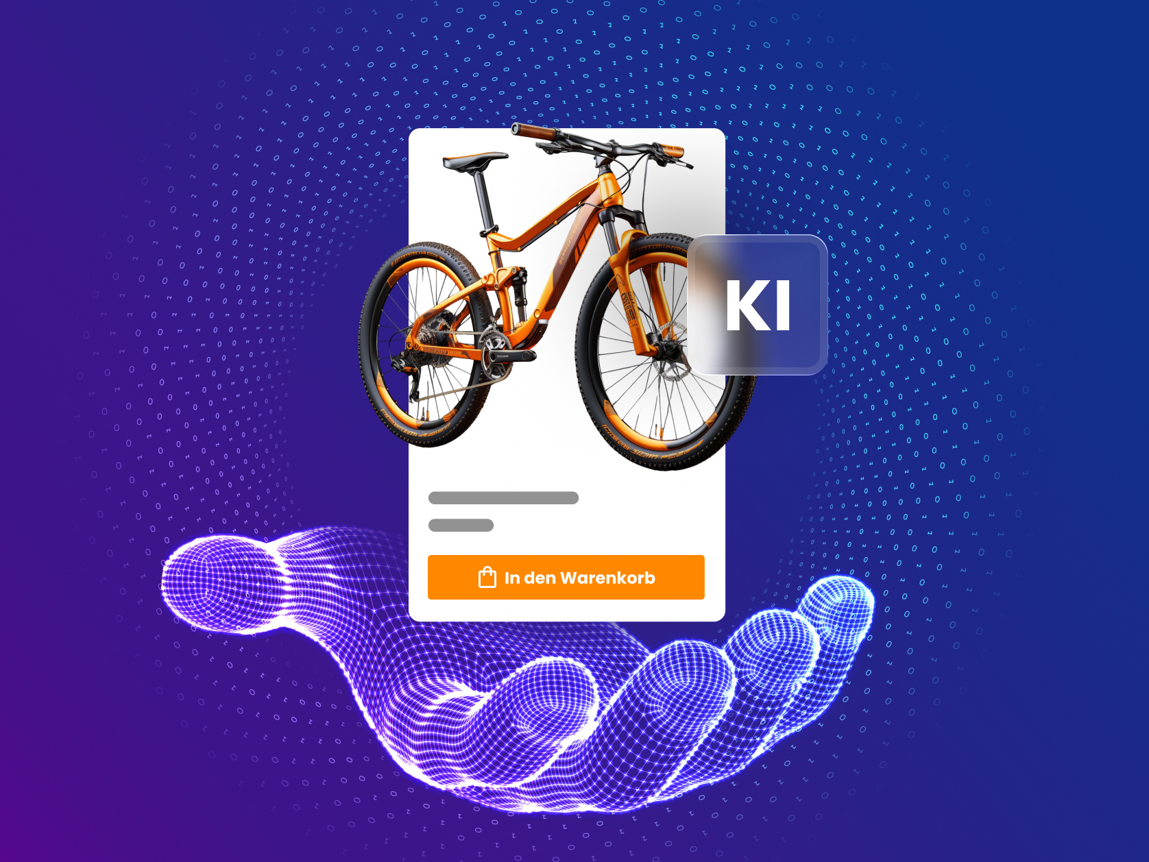 Es schwebt ein Fahrrad als Produkt eines Onlineshops über eine KI-Hand.