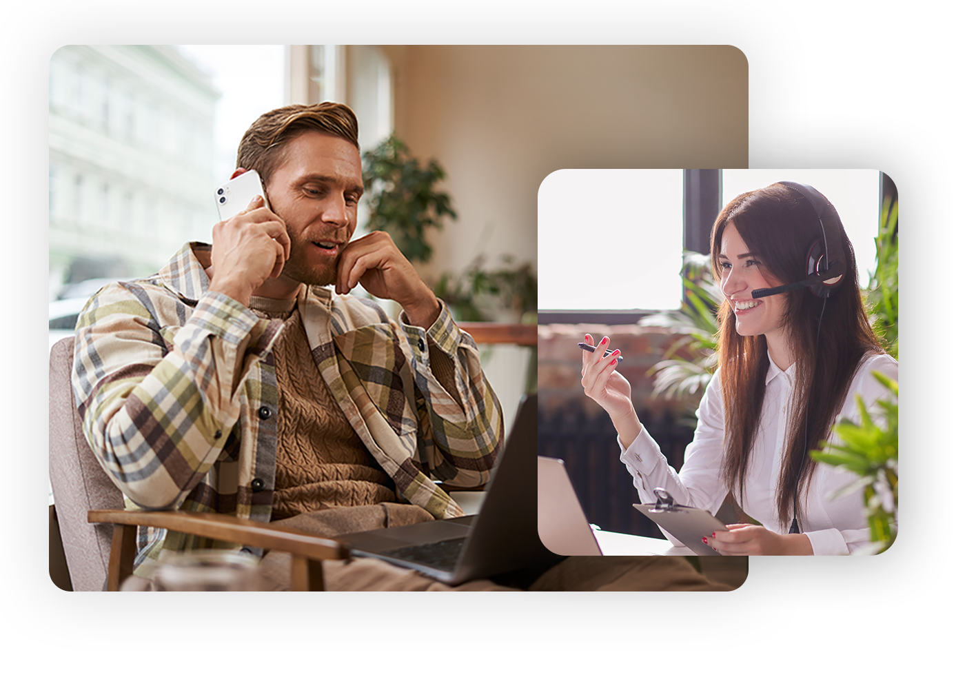 Mitarbeiter im Kundenservice telefoniert und führt gleichzeitig einen Video-Call – Beispiel für schnellen, kanalübergreifenden Omnichannel-Support