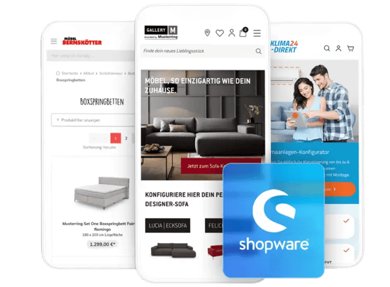 Im Hintergrund sind Screenshot aus Shopware Onlineshops von burgdigital zu sehen und davor ist das Shopware Logo abgebildet