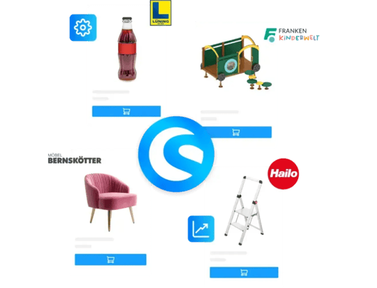 Auf dem Bild ist das Shopware Logo abgebildet und um das Logo herum sind einzelne Produkte von Kunden von burgdigital abgebildet.