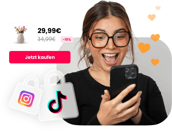 Auf dem Bild ist eine Frau zu sehen, die auf ein Smartphone guckt. Auf der linken Seite der Grafik ist ein Produkt abgebildet, dass gekauft werden kann.