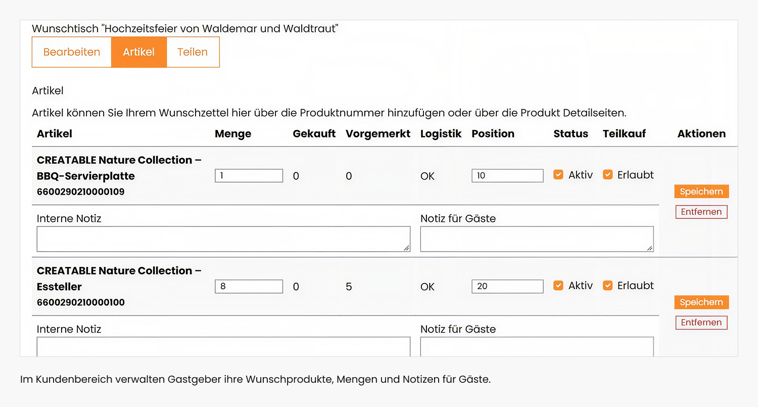 Im Kundenbereich des Wunschtisch-Plugins für Shopware können Gastgeber ihre Wunschprodukte, Mengen und Notizen verwalten