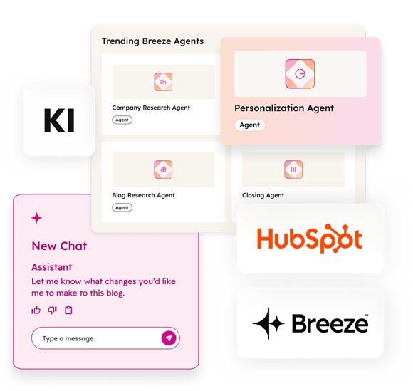Mit HubSpot Breeze werden dem Nutzer viele KI Integrationen, unter Anderem AI Agents, Chatbots und Service Automationen, innerhalb der Plattform geboten Mit HubSpot Breeze werden dem Nutzer viele KI Integrationen, unter Anderem AI Agents, Chatbots und Service Automationen, innerhalb der Plattform geboten