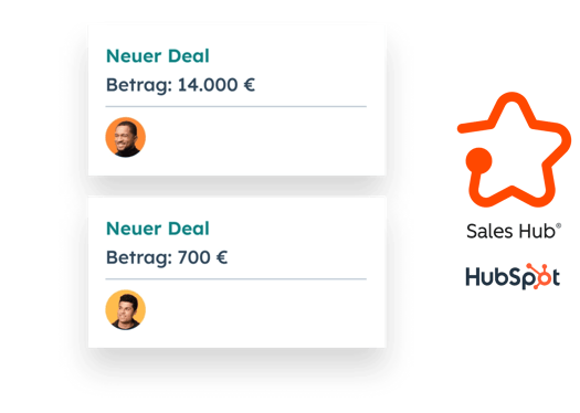 HubSpot Sales Hub Übersicht mit neuen Deals, Deal-Werten und zugeordneten Vertriebsmitarbeitern im CRM