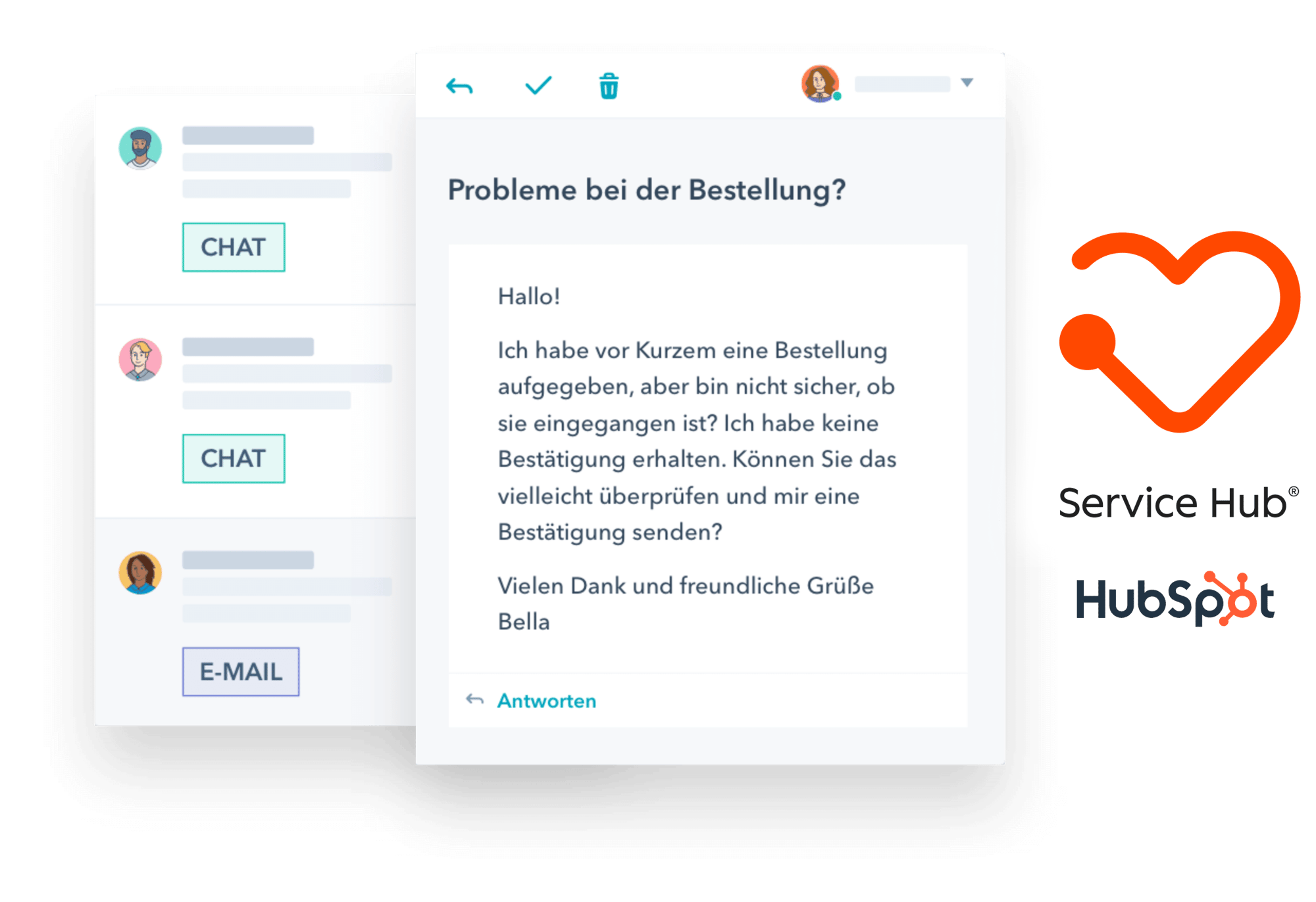 HubSpot Service Hub: Kundenanfrage über Chat mit einer Bestellung und der Bitte um Bestätigung der Bestellung