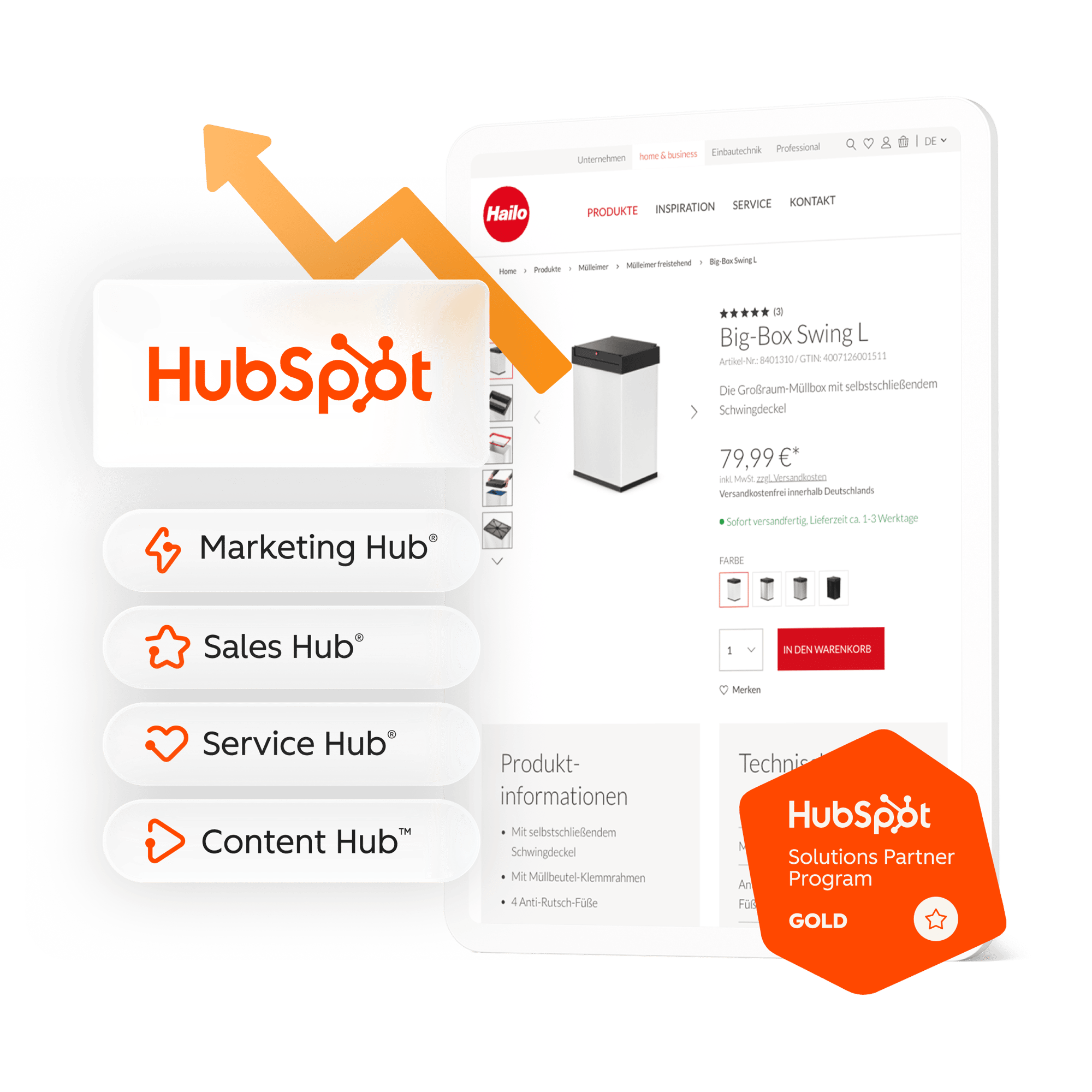 Die Grafik zeigt den Onlineshop Hailo auf einem Tablet mit dem HubSpot Logo. Die Grafik zeigt den Onlineshop Hailo auf einem Tablet mit dem HubSpot Logo.