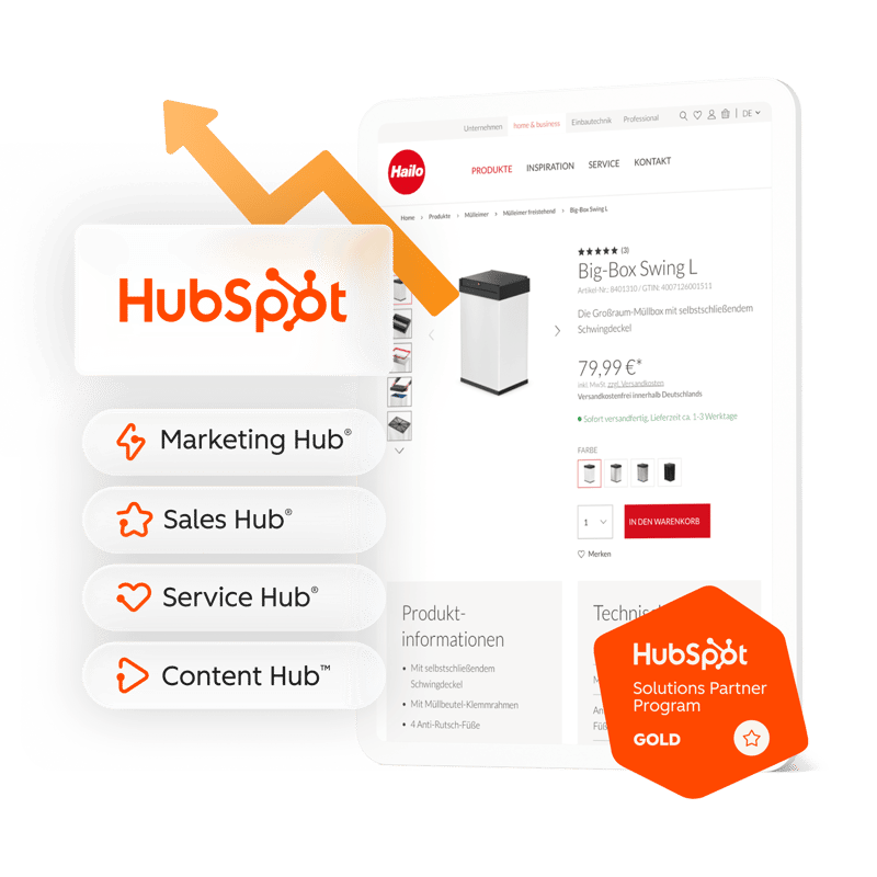 Die Grafik zeigt den Onlineshop Hailo auf einem Tablet mit dem HubSpot Logo. Die Grafik zeigt den Onlineshop Hailo auf einem Tablet mit dem HubSpot Logo.