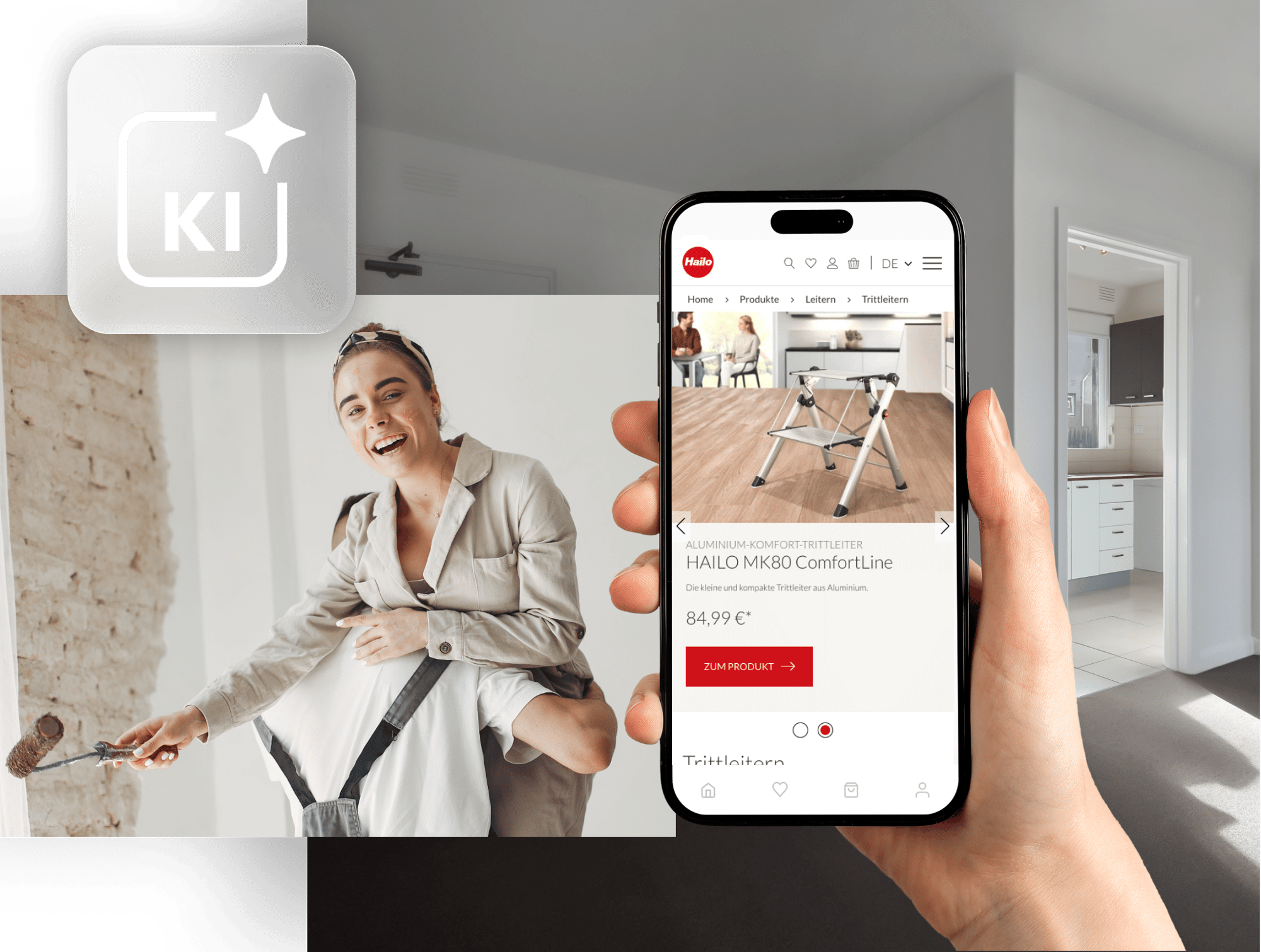 Die Grafik zeigt eine junge Frau mit einem Tablet in der Hand. Daneben sieht man ein Smartphone mit dem Onlineshop Hailo.de.