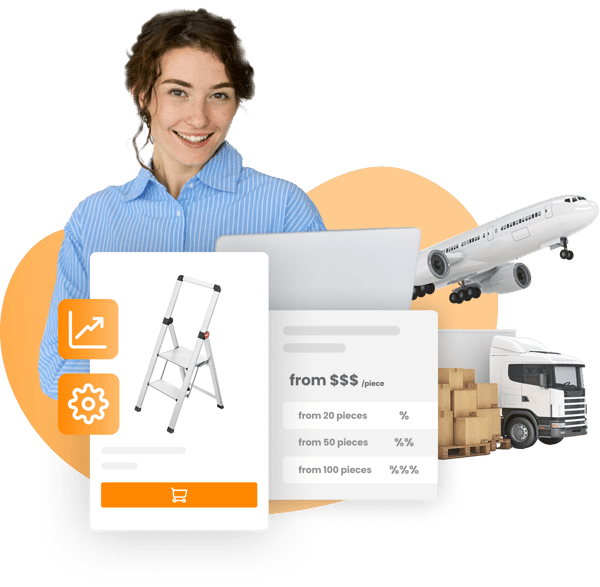 Abbildung einer Frau im Hintergrund. Im Vordergrund ist ein Produkt in einem Onlineshop abgebildet und unterschiedliche Transportmittel, wie zum Beispiel Flugzeug oder LKW Abbildung einer Frau im Hintergrund. Im Vordergrund ist ein Produkt in einem Onlineshop abgebildet und unterschiedliche Transportmittel, wie zum Beispiel Flugzeug oder LKW