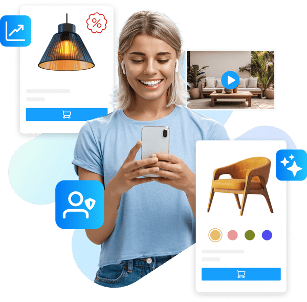 Shopware Onlineshop mit personalisierter Produktdarstellung: Frau nutzt Smartphone, um Produkte wie Lampe und Stuhl mit Farbvarianten, Video-Preview, Rabatt-Hinweis und Warenkorb-Button zu entdecken – Symbol für modernes E-Commerce, Conversion-Optimierung und performante Shopware-Lösungen.