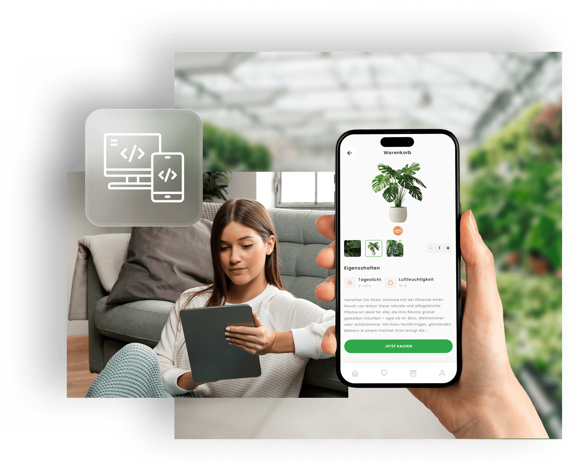 Das Bild zeigt eine Dame, die ihr Einkaufserlebnis auf ihrem Tablet zu Hause oder auf ihrem Smartphone im Ladengeschäft erleben kann.
