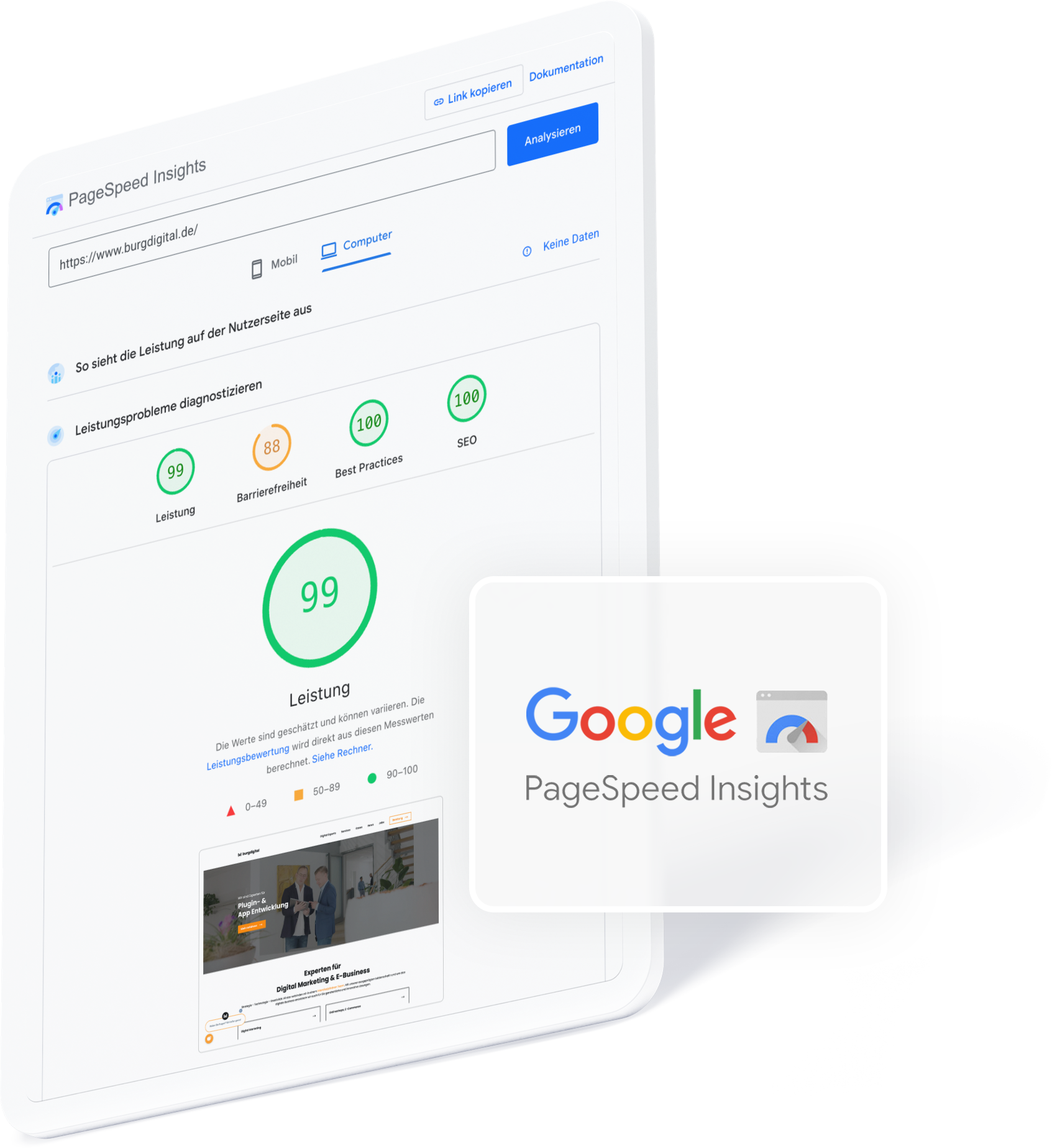 The Google PageSpeed Insights dashboard provides an overview of page performance