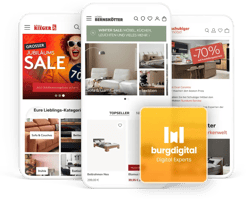 Auf dem Bild sind im Hintergrund unterschiedliche Screenshots von mobilen Shops von burgdigital zu sehen. Im Vordergrund ist das Logo von burgdigital abgebildet.