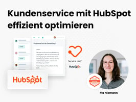 Auf dem Bild ist das Webinar "Kundenservice mit HubSpot effizient optimieren" angeteasert. Unten rechts ist der Speaker des Webinars abgebildet.