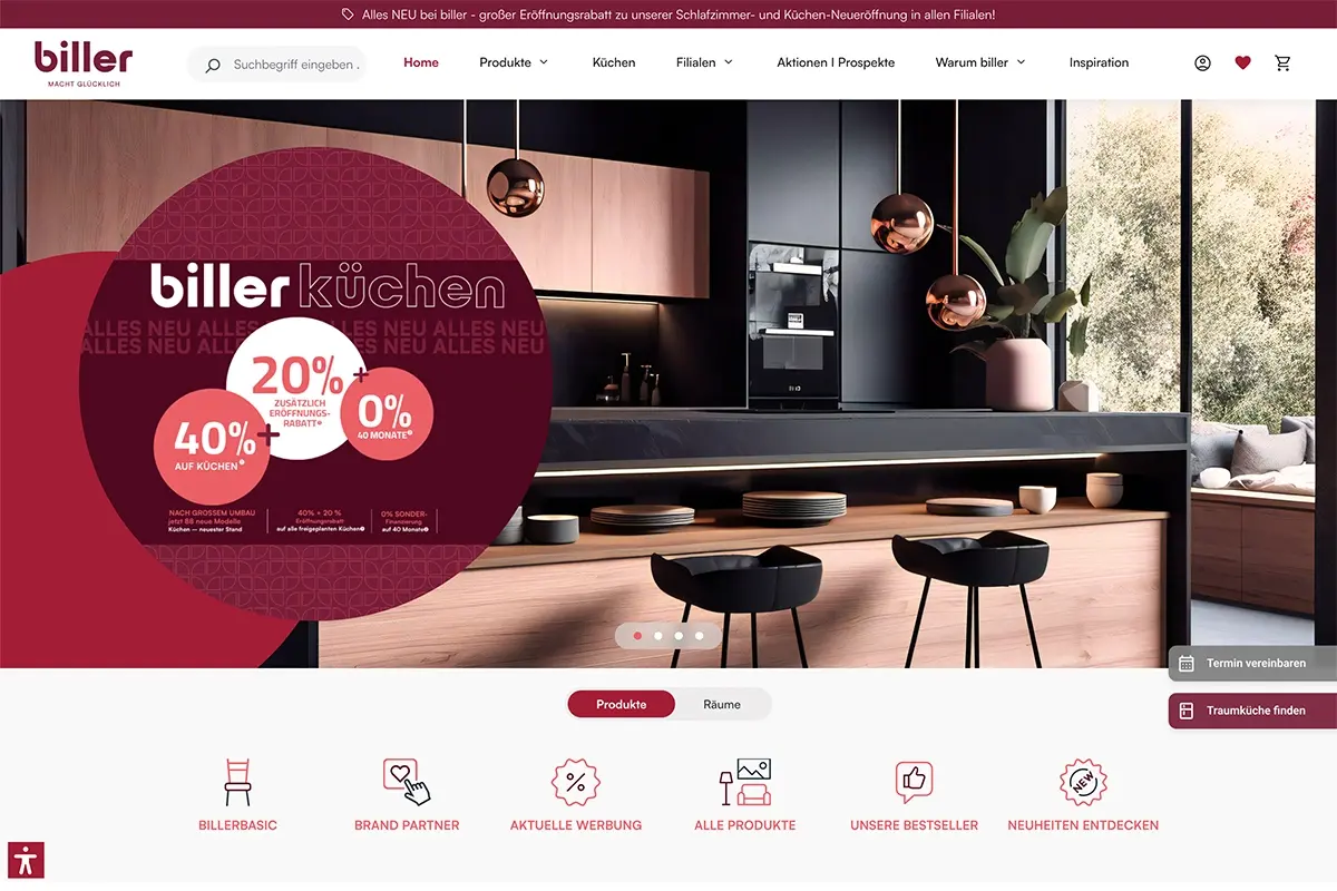 Auf dem Bild ist ein Screenshot der Startseite des Onlineshops Biller zu sehen.